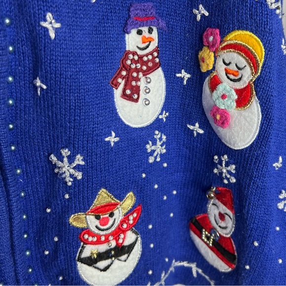 Vintage Ugly Christmas Sweater Full Zip Snowmen Feathers Cowboy Beaded Snow XXL - Picture 7 of 14
